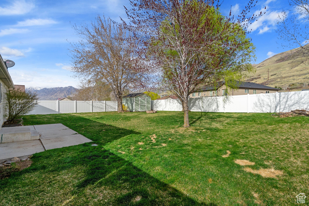 View of yard with a fenced backyard, an outbuilding, a patio, a storage unit, and a mountain view