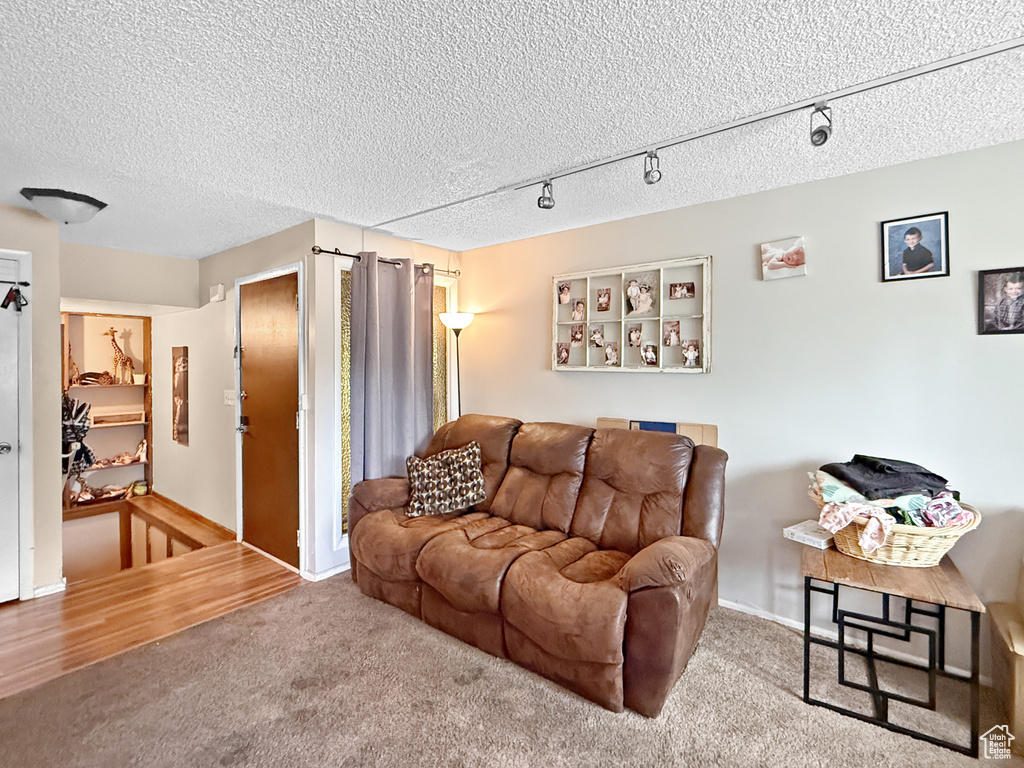 Carpeted living area with a textured ceiling, baseboards, and rail lighting