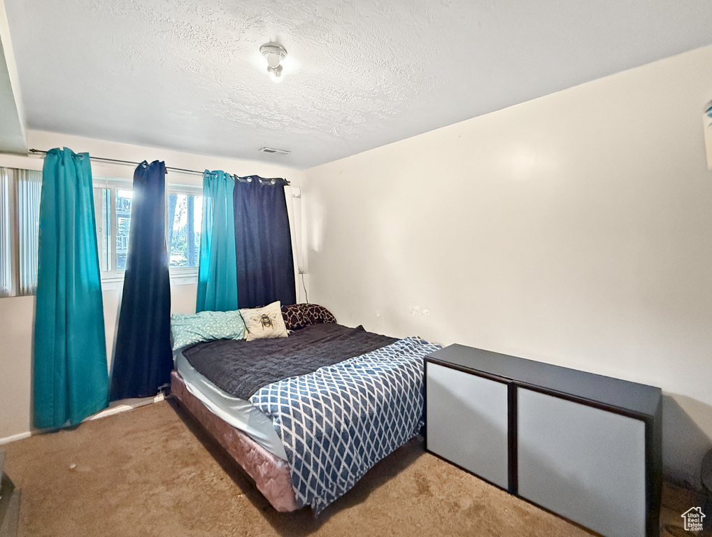 Carpeted bedroom with a textured ceiling and visible vents