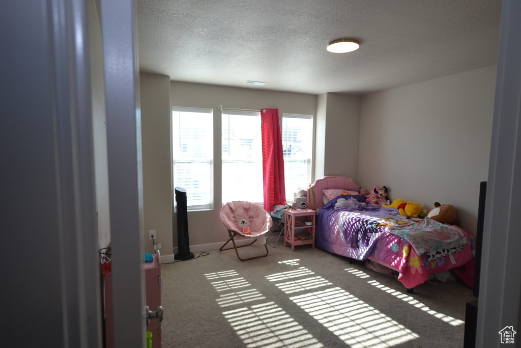 Bedroom with carpet floors and a textured ceiling