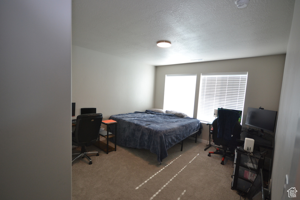 Bedroom with a desk, a textured ceiling, and carpet