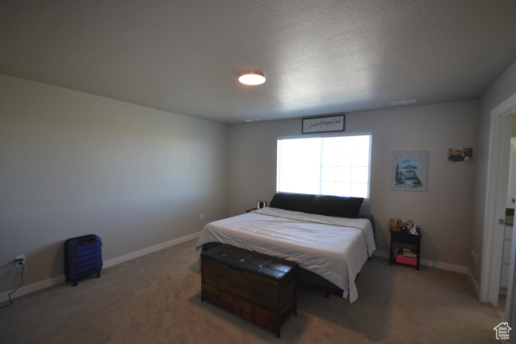 Bedroom with light colored carpet, baseboards, and a textured ceiling