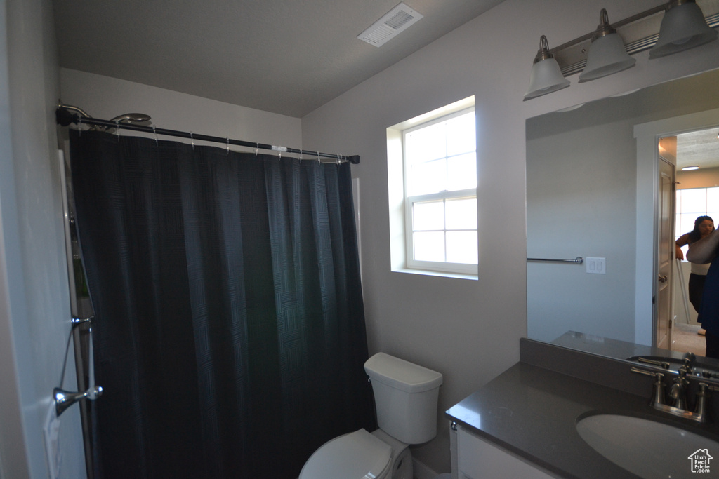 Full bathroom featuring toilet, vanity, plenty of natural light, and a shower with curtain