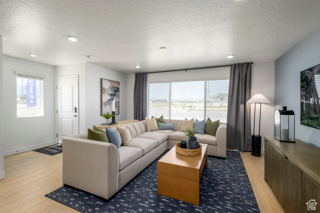 Living area featuring plenty of natural light, a textured ceiling, and light wood finished floors