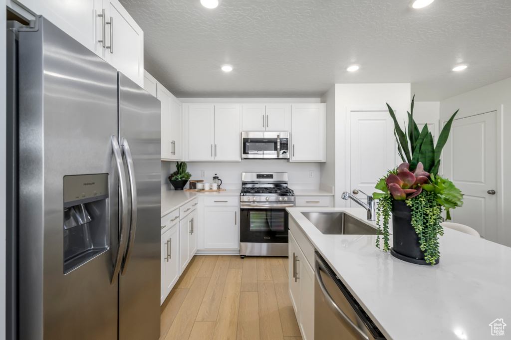 Kitchen featuring a sink, appliances with stainless steel finishes, recessed lighting, and light countertops