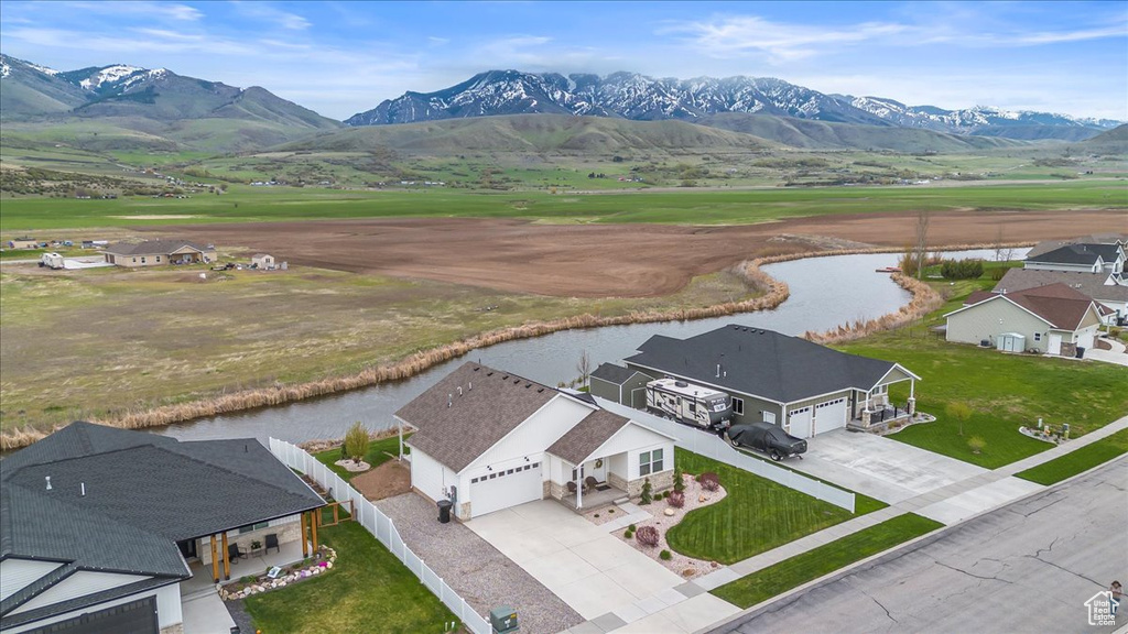 Aerial view featuring a water and mountain view and golf course view