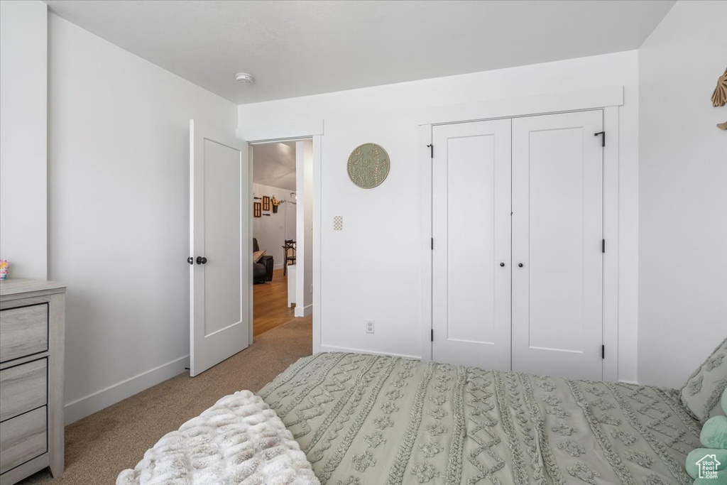 Carpeted bedroom with baseboards and a closet