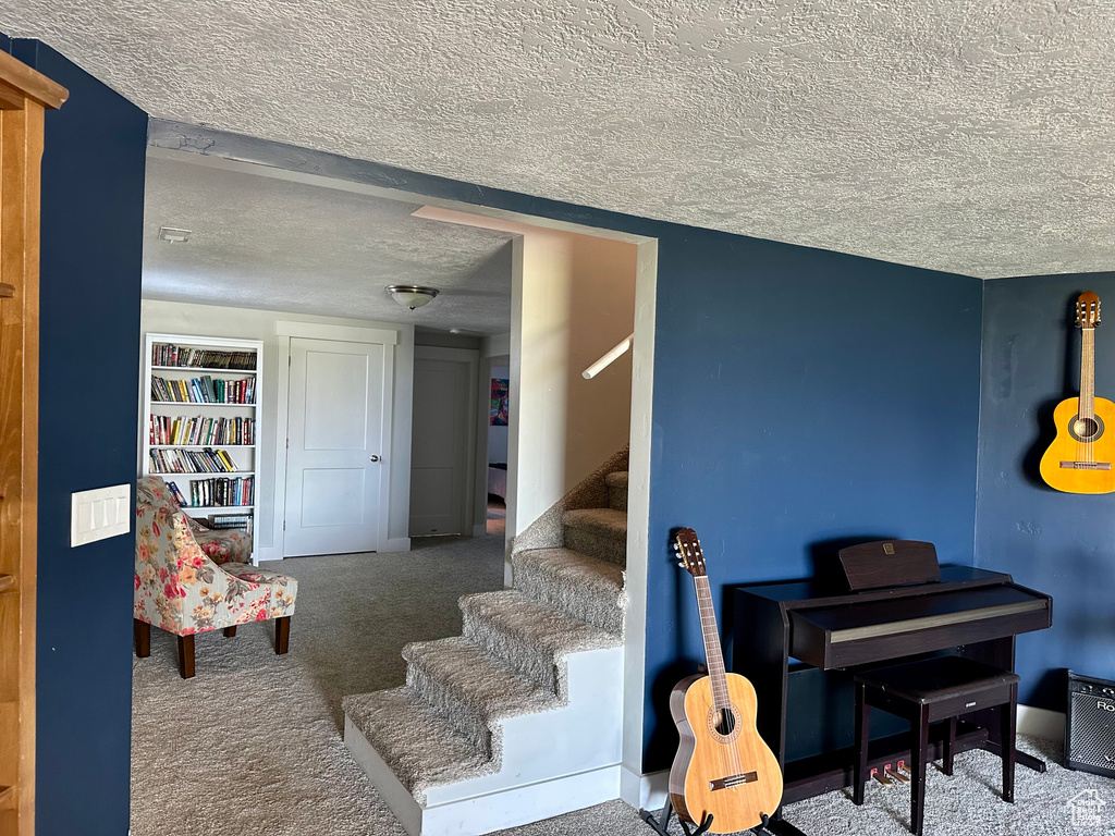 Stairway featuring carpet flooring and a textured ceiling