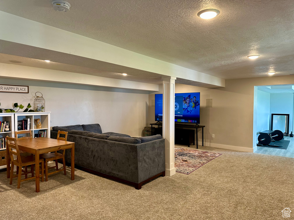 Living area featuring carpet floors, a textured ceiling, and baseboards
