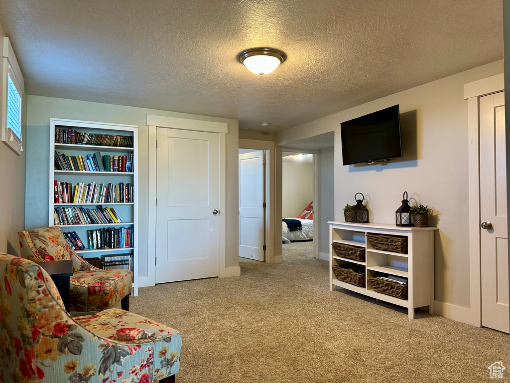 Living area featuring carpet floors, a textured ceiling, and baseboards