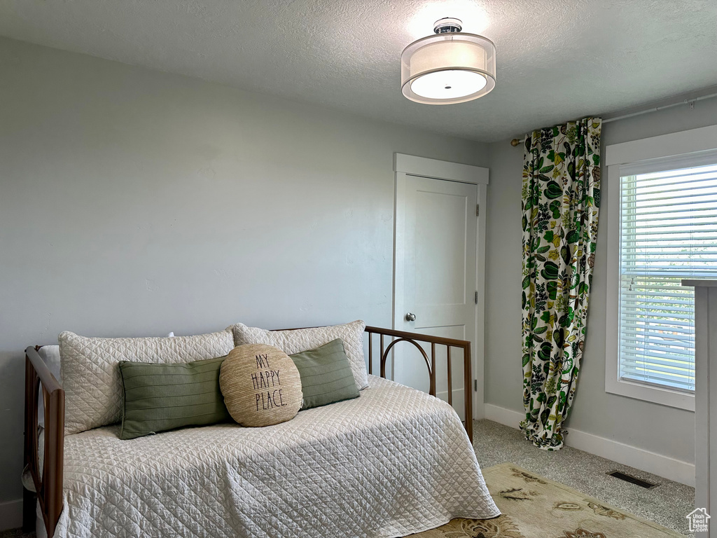 Carpeted bedroom with visible vents, a textured ceiling, and baseboards
