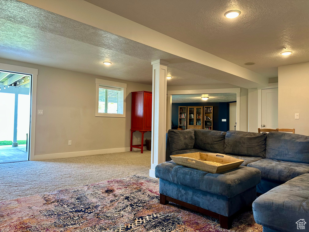 Living room featuring carpet flooring, a textured ceiling, and baseboards