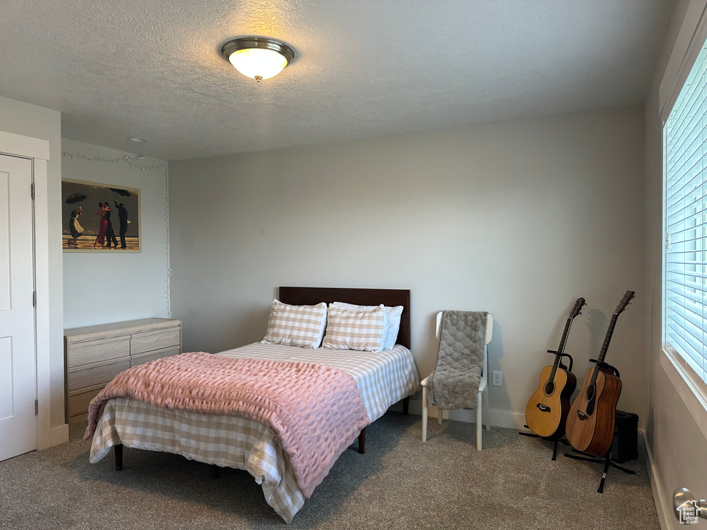 Carpeted bedroom featuring a textured ceiling