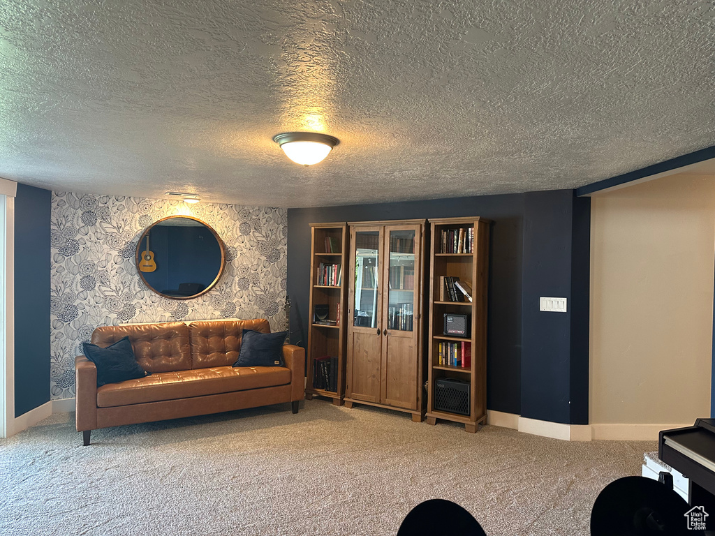 Sitting room with carpet floors, baseboards, and a textured ceiling