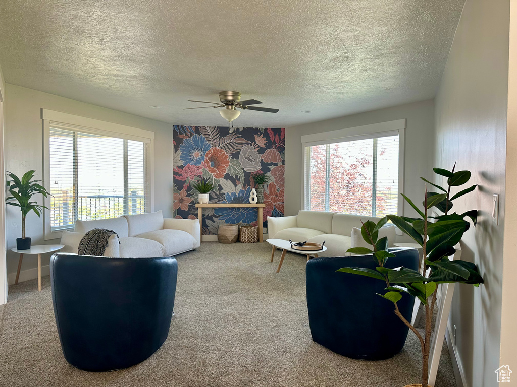 Carpeted living area featuring a textured ceiling, a ceiling fan, and healthy amount of natural light