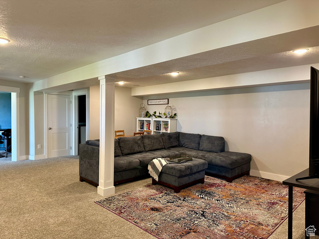 Living room with baseboards, carpet flooring, and a textured ceiling