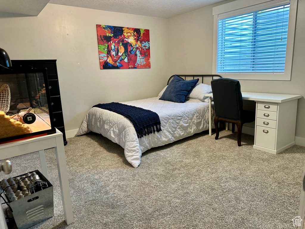 Bedroom with a textured ceiling, baseboards, and light colored carpet