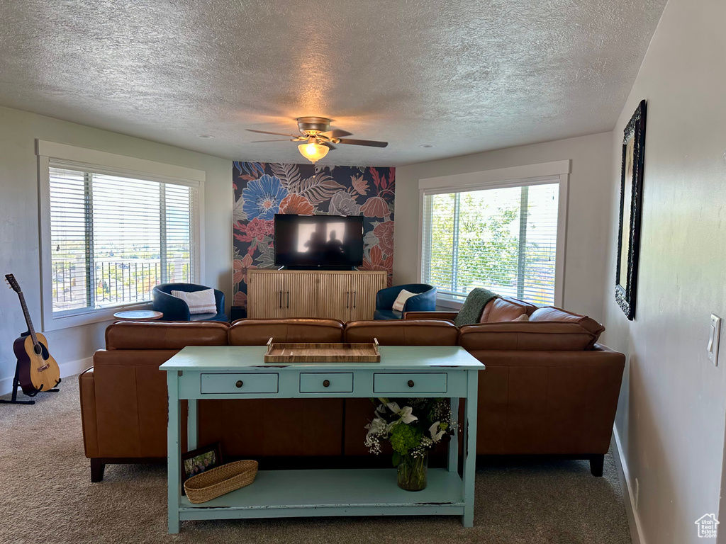 Carpeted living area featuring baseboards, ceiling fan, and a textured ceiling