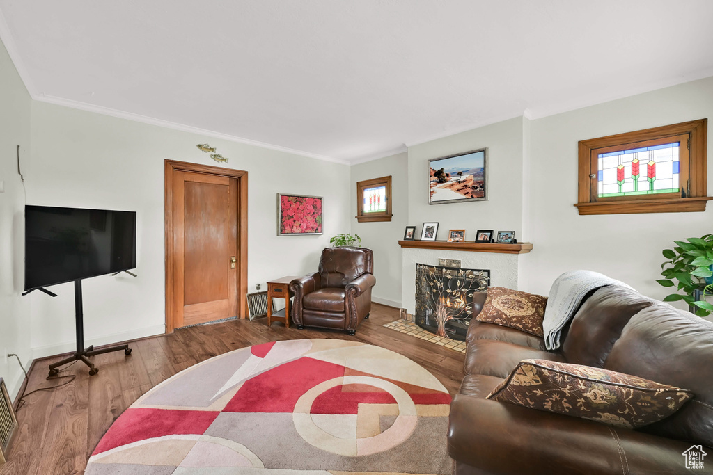 Living area with crown molding, baseboards, a healthy amount of sunlight, and wood finished floors