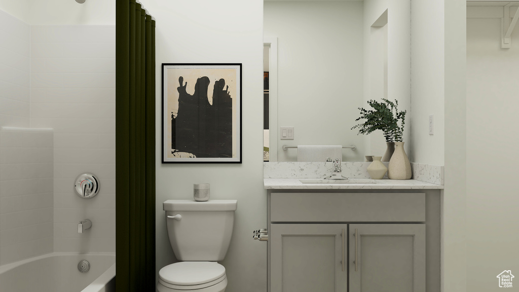 Full bath featuring toilet, shower / bath combination with curtain, and vanity