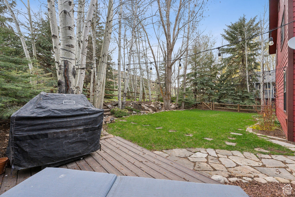 Wooden terrace with a lawn and fence