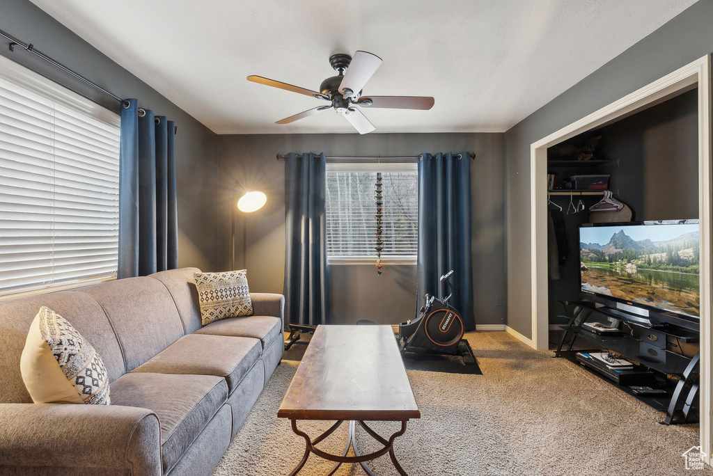 Carpeted living area featuring baseboards and a ceiling fan