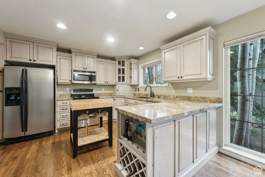 Kitchen with appliances with stainless steel finishes, wood finished floors, a sink, a peninsula, and glass insert cabinets