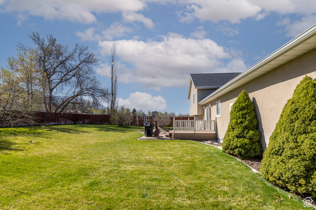 View of yard featuring a fenced backyard and a wooden deck