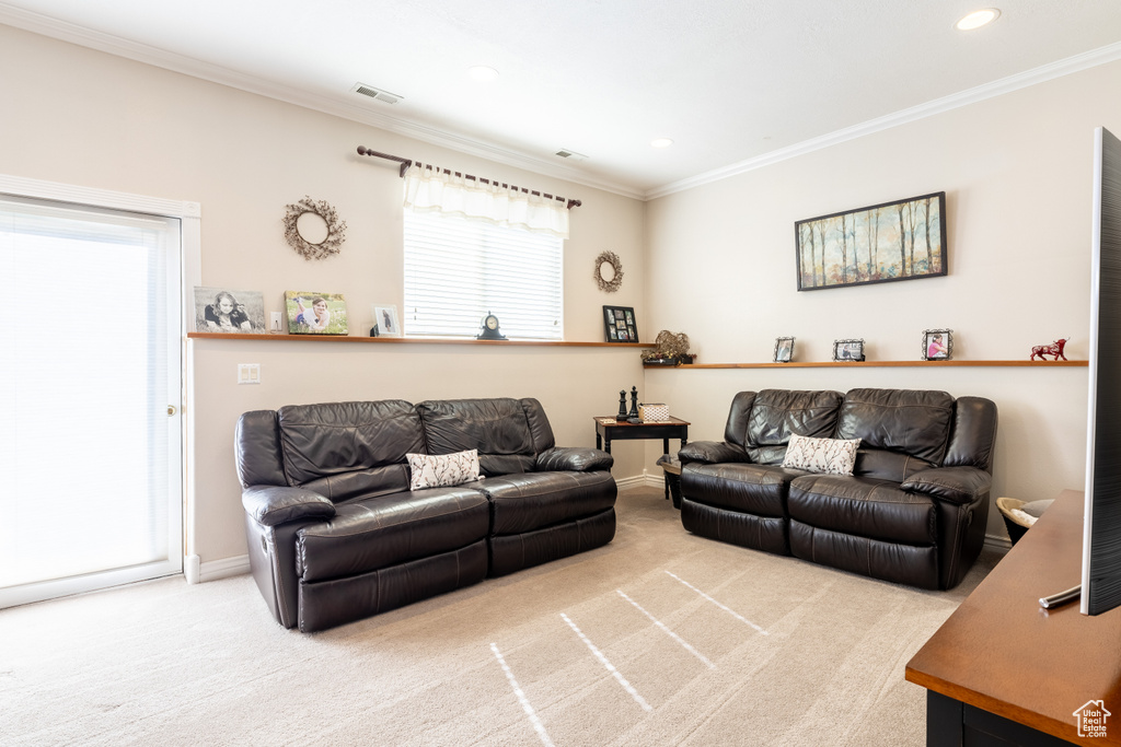 Carpeted living area with baseboards, ornamental molding, recessed lighting, and visible vents
