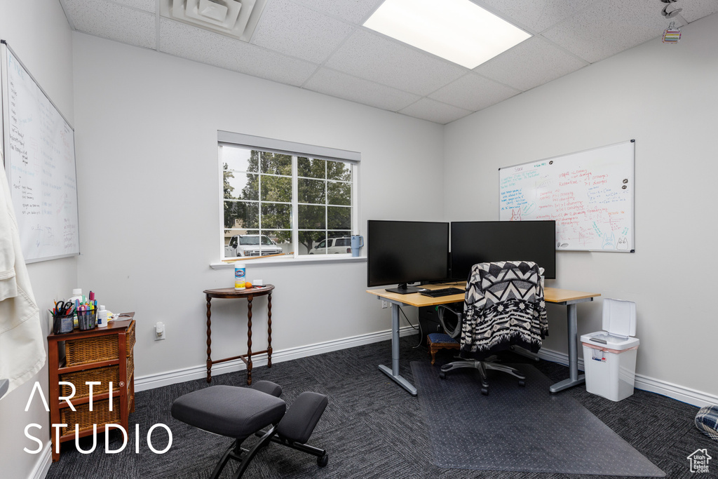Carpeted office featuring baseboards and a drop ceiling