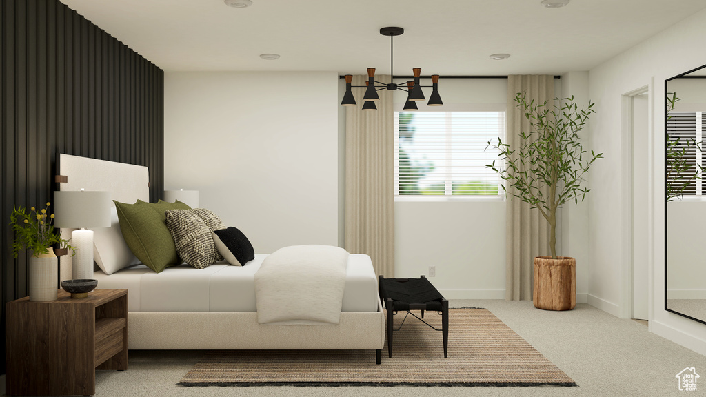 Carpeted bedroom featuring baseboards and multiple windows