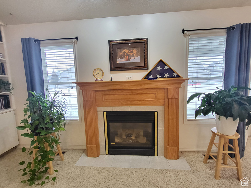 Interior details with a tile fireplace
