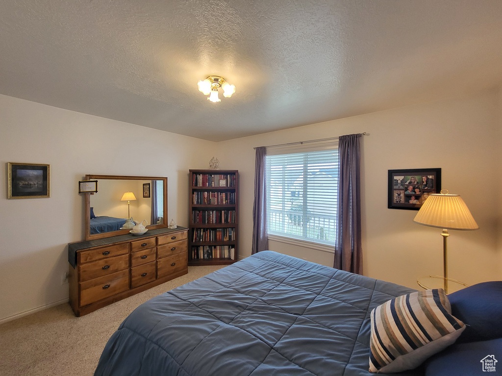 Carpeted bedroom with a textured ceiling