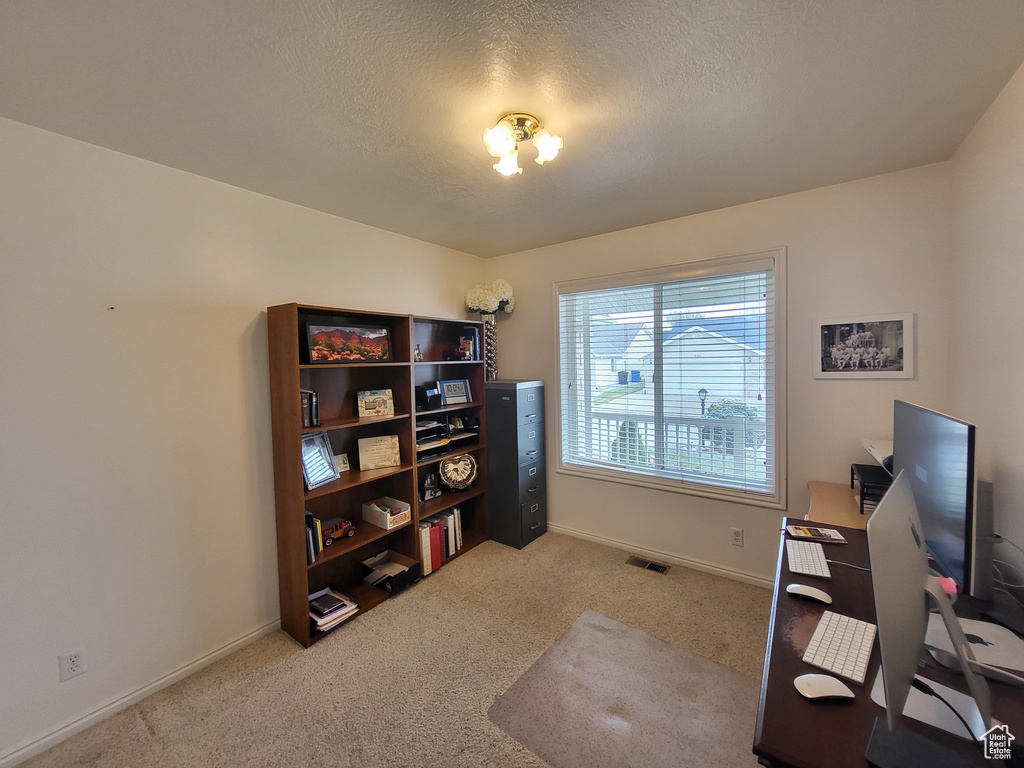 Office with a textured ceiling, baseboards, visible vents, and light carpet