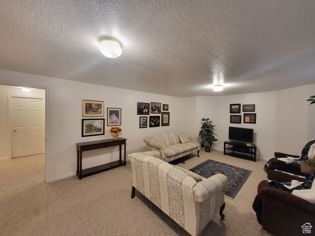 Living area with baseboards, light carpet, and a textured ceiling