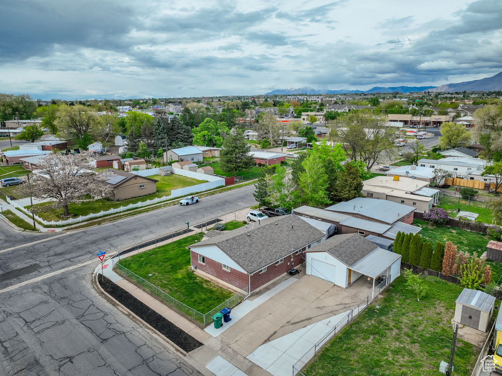 Aerial view featuring a mountain view and a residential view