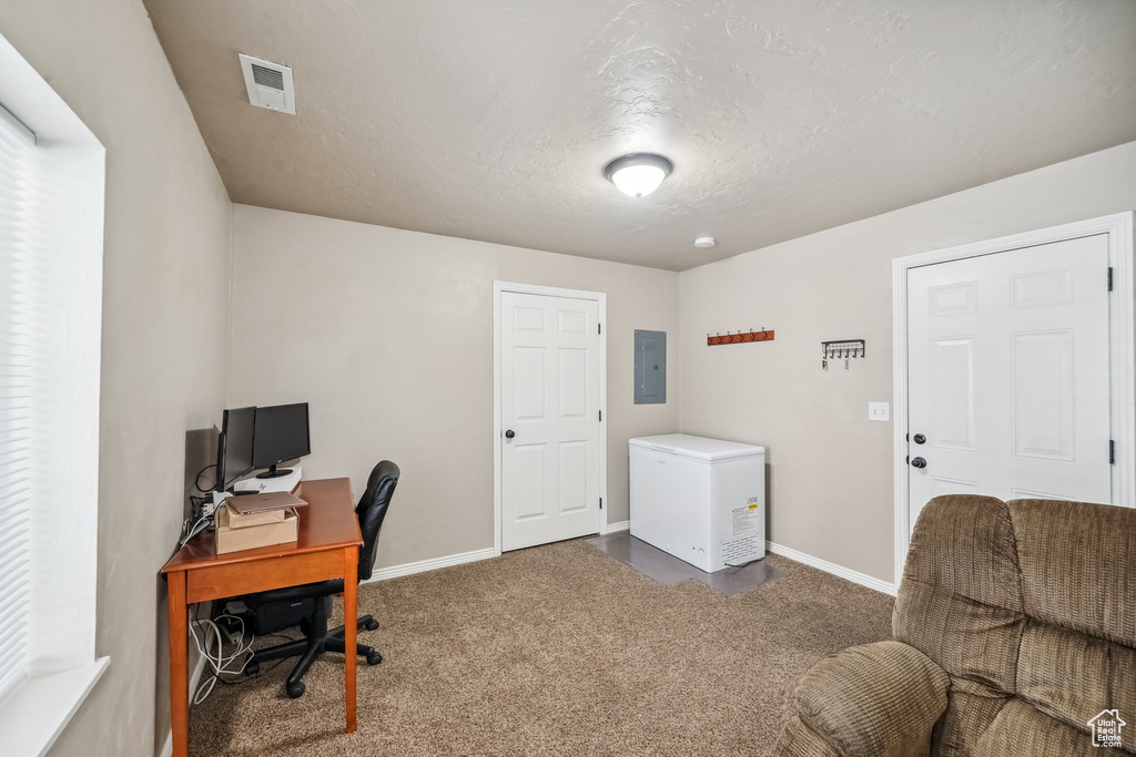 Office space with electric panel, carpet, baseboards, and a textured ceiling