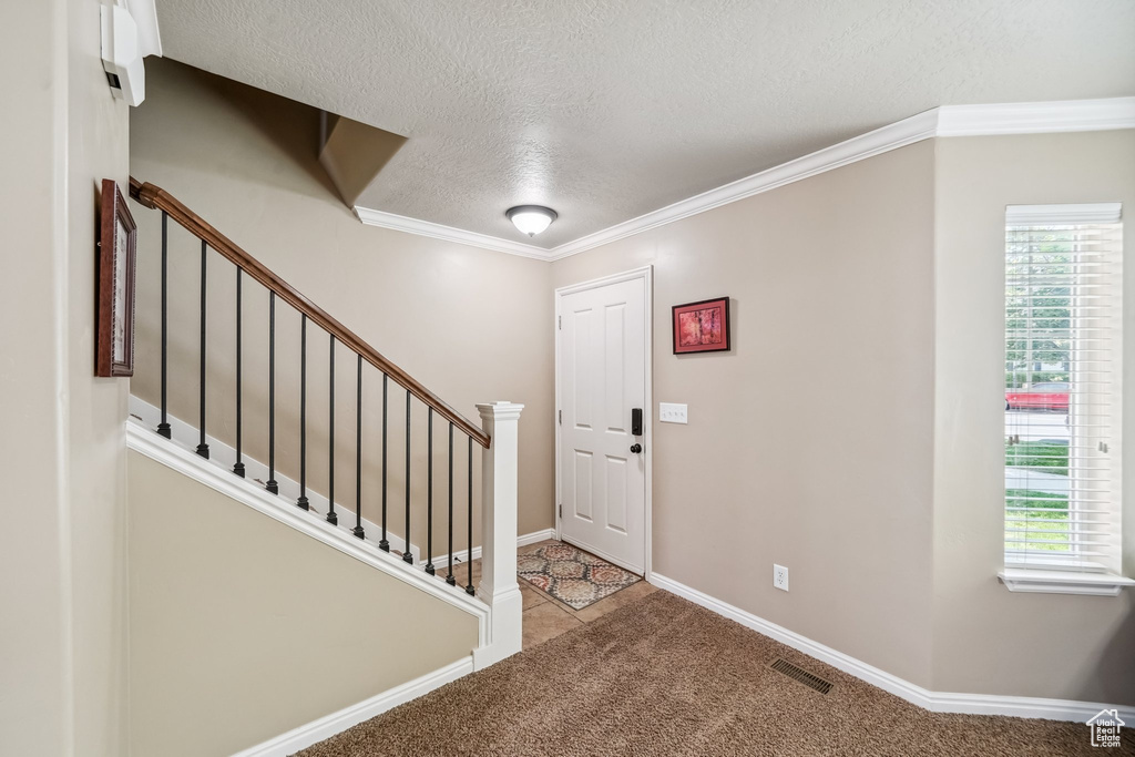 Foyer featuring a textured ceiling, healthy amount of natural light, carpet, ornamental molding, and stairs