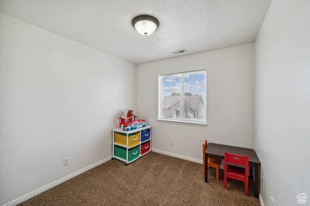 Recreation room with carpet, a textured ceiling, and baseboards