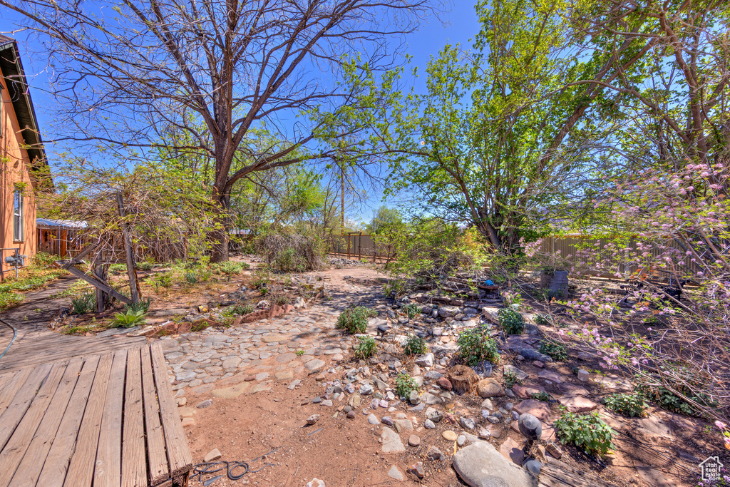 Fenced backyard with a deck
