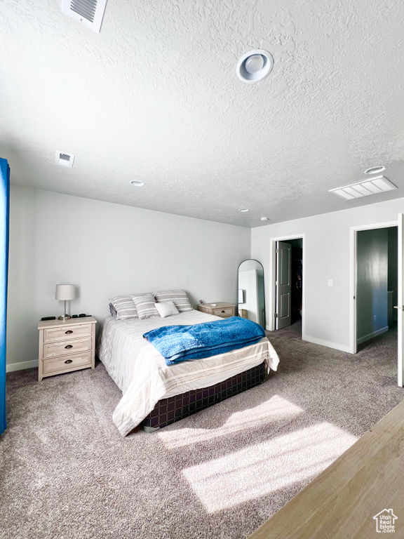 Carpeted bedroom featuring baseboards, a textured ceiling, and visible vents