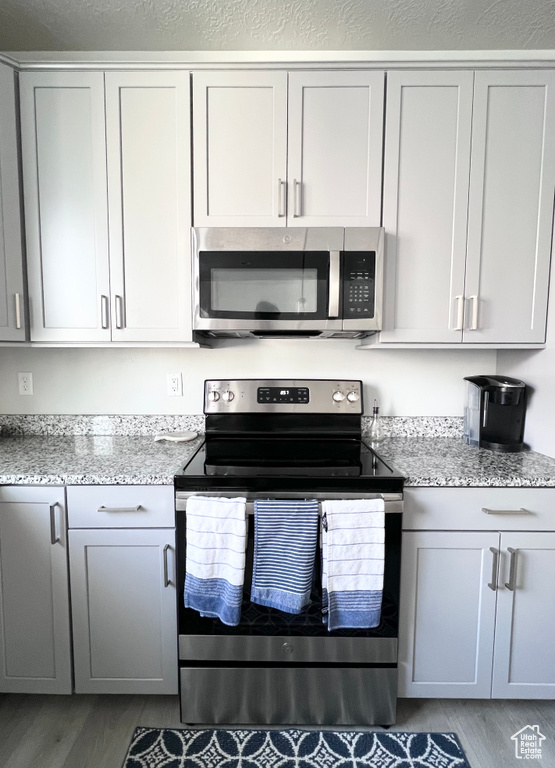 Kitchen featuring light wood-style floors, light stone countertops, and stainless steel appliances