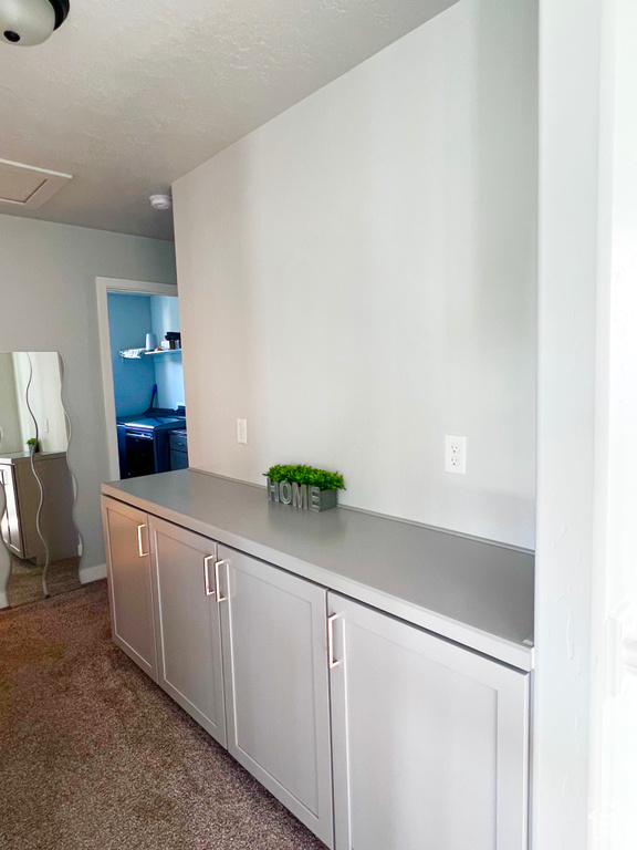 Bar with light colored carpet and independent washer and dryer