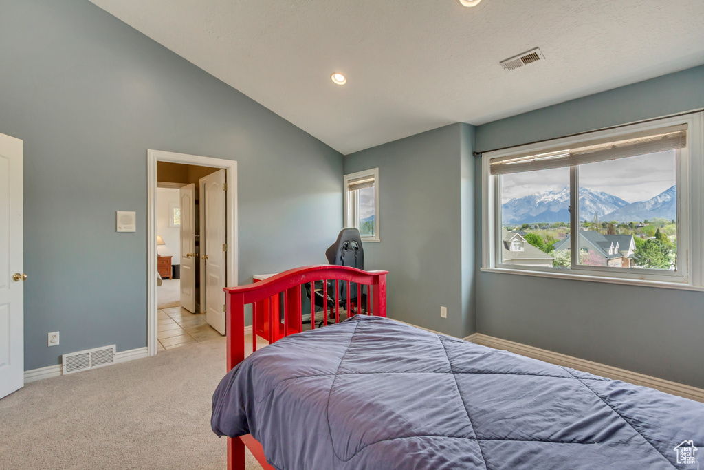 Bedroom featuring visible vents, recessed lighting, baseboards, and light colored carpet