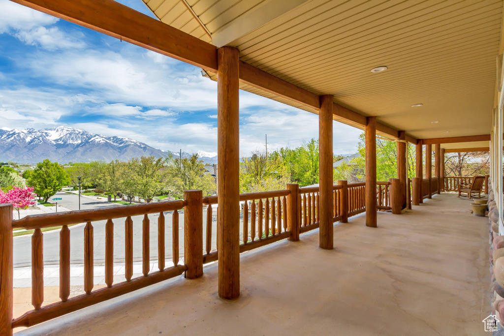 View of patio featuring a mountain view
