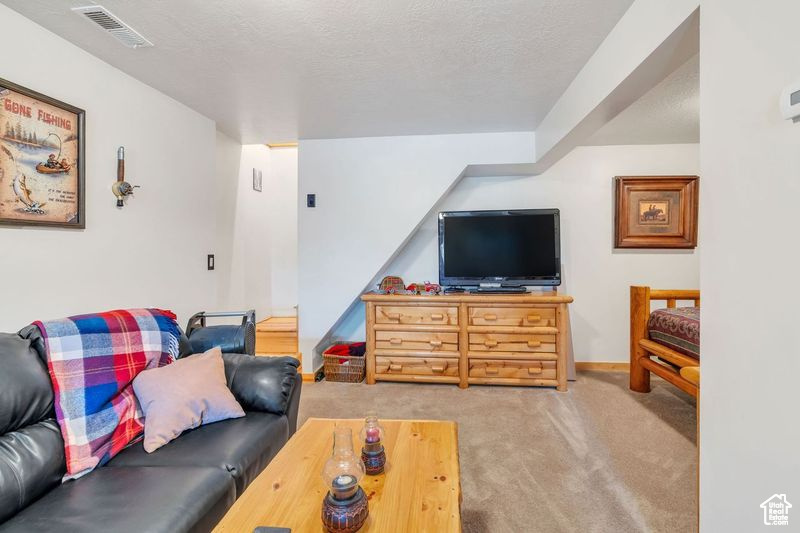 Carpeted living area featuring baseboards and visible vents