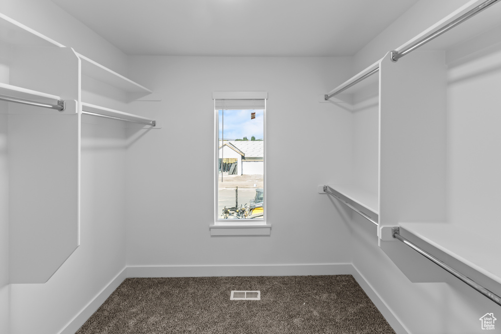 Walk in closet with visible vents and dark colored carpet