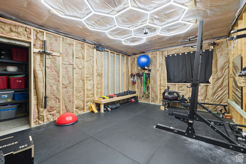 Workout area featuring a garage
