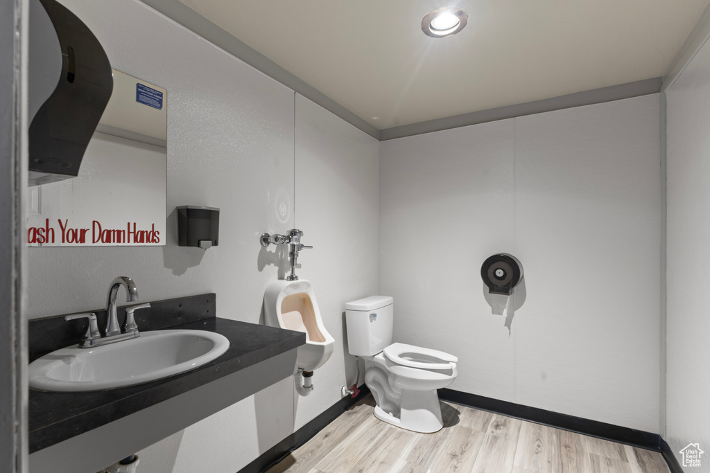 Bathroom with a sink, baseboards, toilet, and wood finished floors