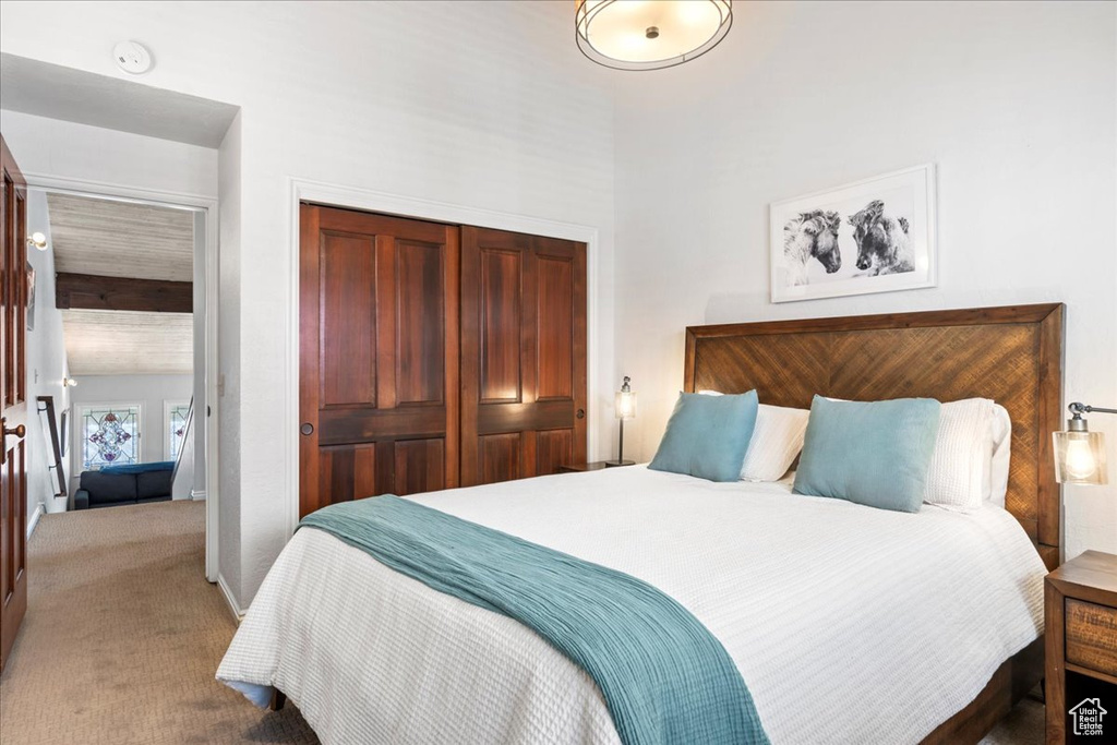 Carpeted bedroom with a closet
